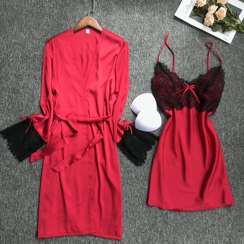 women Sleepwear set summer Ice silk Satin Pajamas 2-piece set  V-Neck Lace Sling nightdress and Bathrobe set female homewear solid color casual Pajama