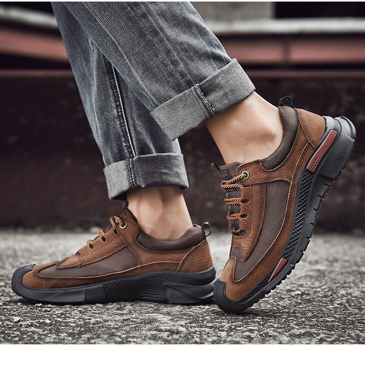 Men's shoes spring and summer men's leather outdoor sports casual shoes all-match leather toe top layer cowhide soft bottom hiking shoes