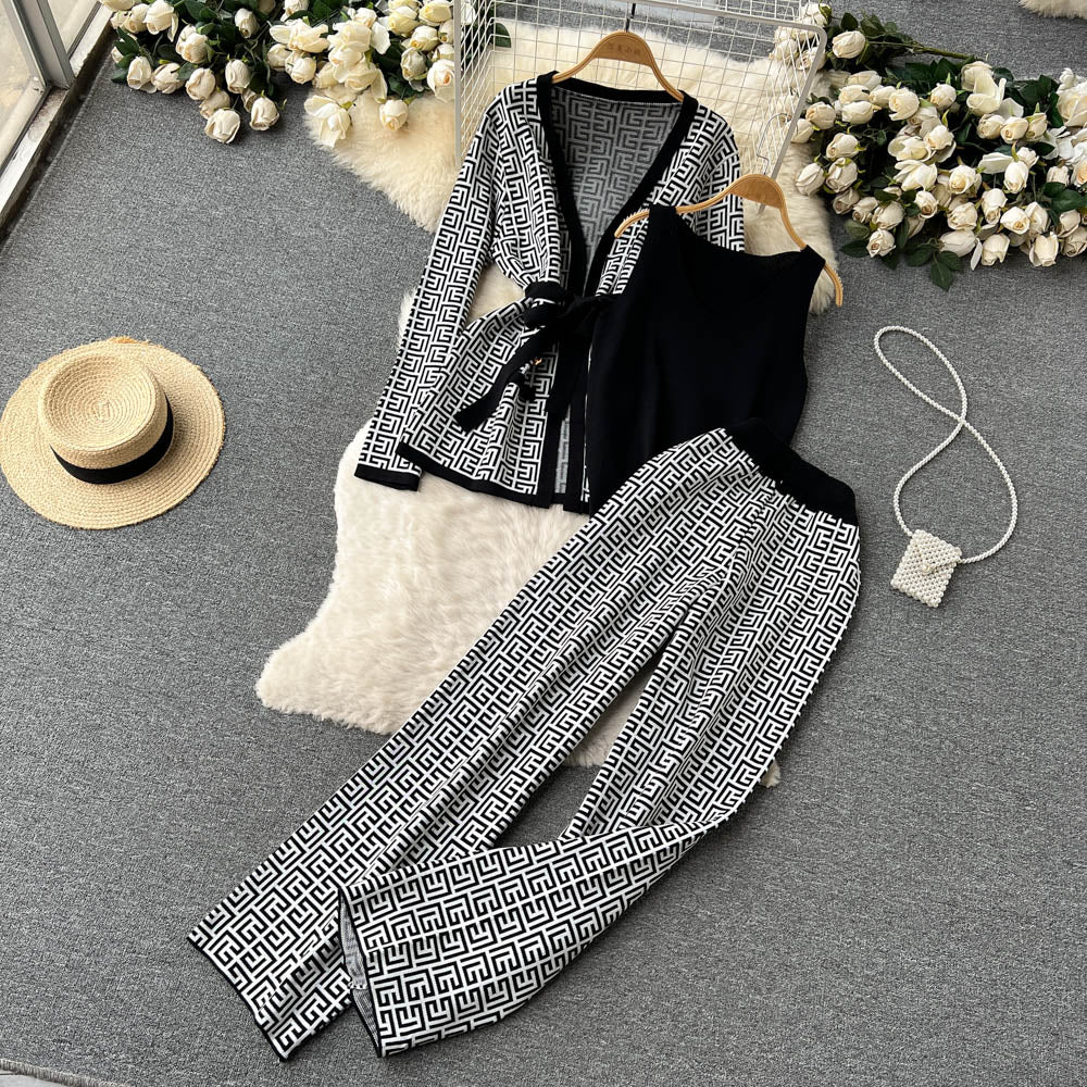 Women's  end small fragrance suit early spring and autumn lace-up  cardigan  waisted wide-leg pants three-piece set