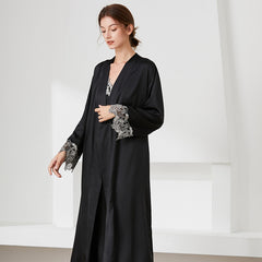 2 PCS Lace Night Dress Negligee Spring Autumn Ladies Long Night Gowns Womens Sleepwear Silk Nightwear V-neck Robes Bathrobe Homewear Suit Pajamas Set