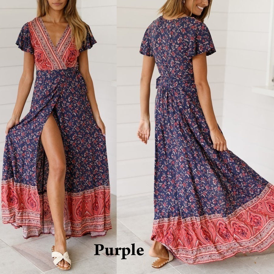 Women's Summer Flower Dress Short Sleeve Boho Maxi Dress Printed Flower Dress Maxi Beach Dress