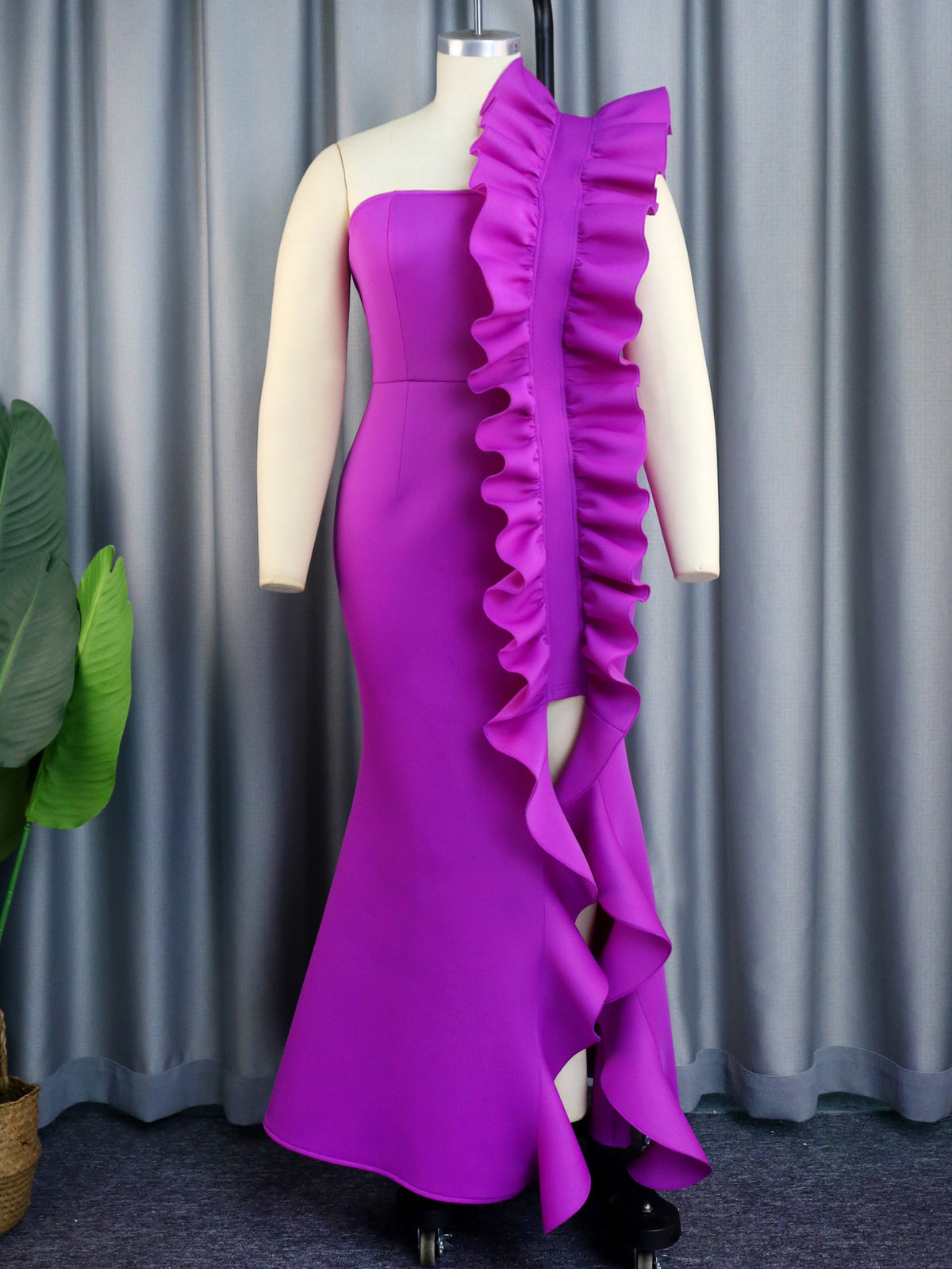 Women Maxi Party Dress One Shoulder Backless Purple Long Ruffles Bodycon Fishtail Evening Event Birthday Gowns African Clubwear