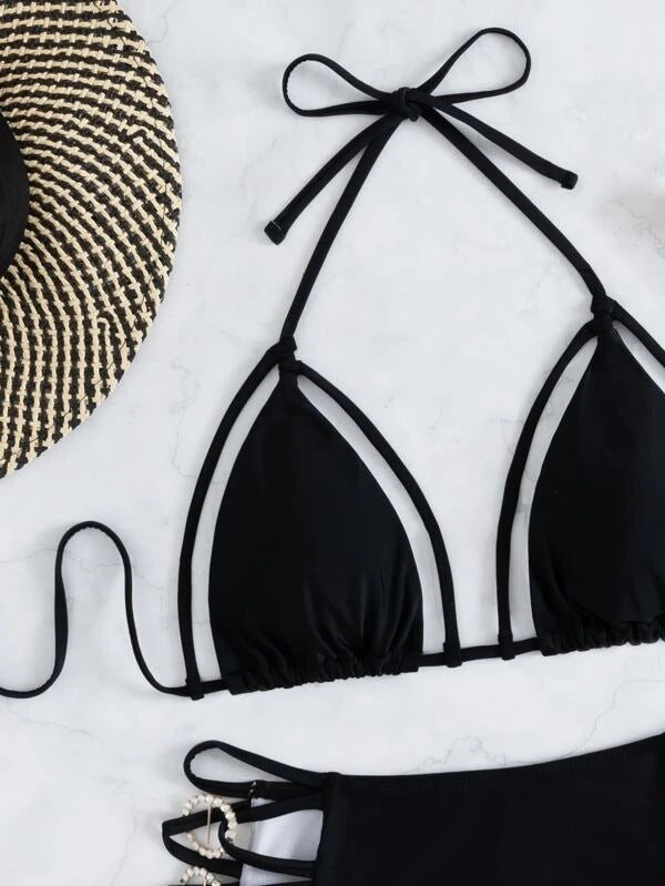 Black Sexy Lace Up Spot Split Swimsuit