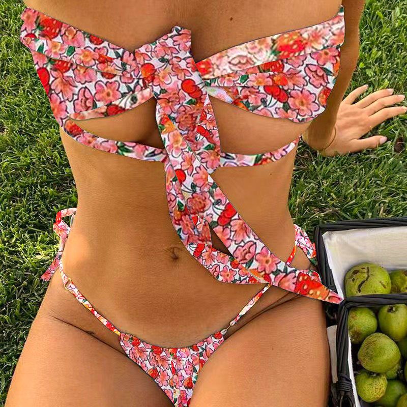Bikini European and American sexy multi-color new swimsuit women's tie-up solid color swimsuit