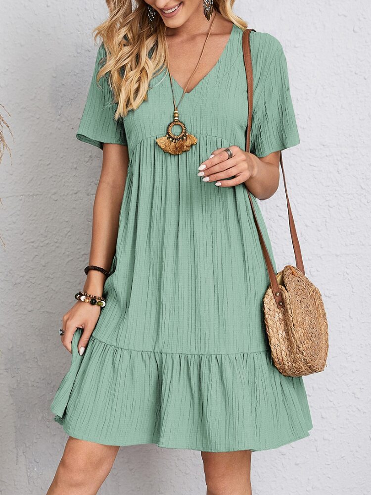 Women Vintage Mini Dresses 2023 Summer Solid Casual V Neck Ruffles Dress Ladies Boho Loose Beach Party Elegant Dresses Vestidos