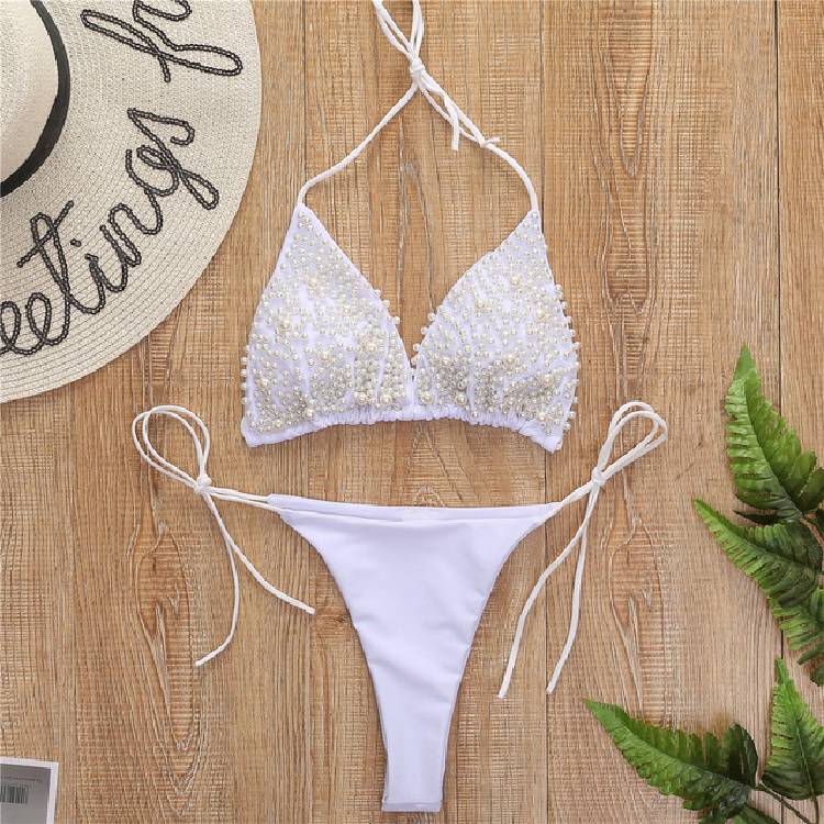 Halter Mini Bikini Female Swimsuit Women Swimwear Two pieces Bikini set Luxury Pearl Bather Bathing Suit Swim Lady