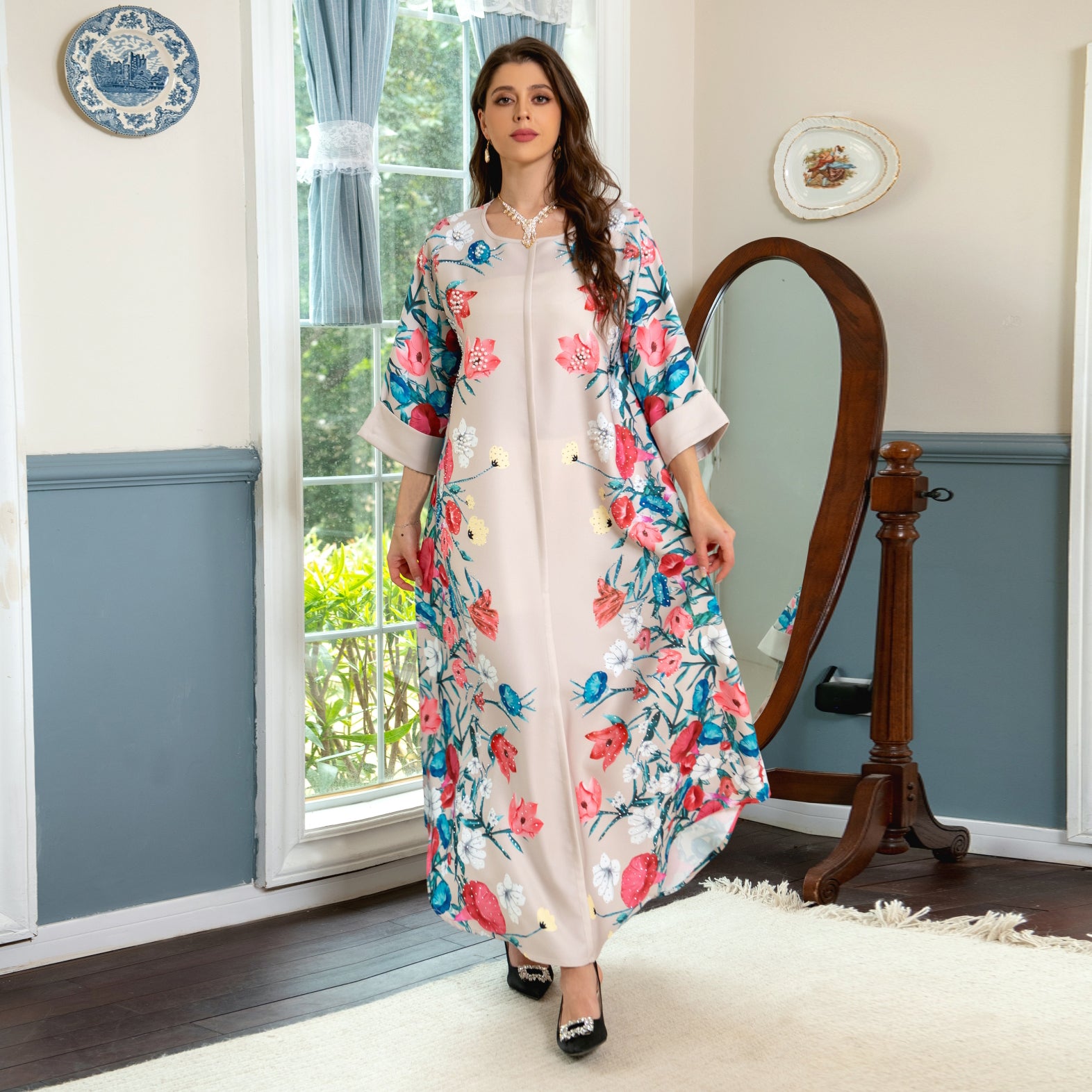 Middle East Arab Dubai Flower Beading Hot Diamond Muslim Robe Fashion Light  Jalabiya Arabian Ladies Dress