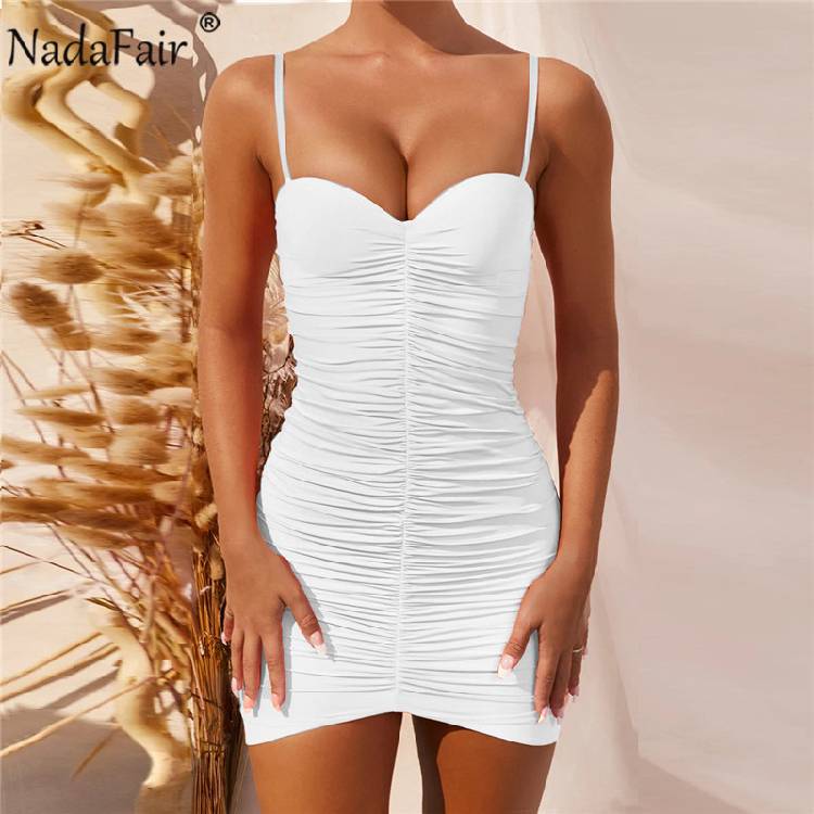 Nadafair Ruched Sleeveless Women's Dress Club Party Night Spaghetti Strap Backless Solid Mini Wrap Bodycon Summer Dress