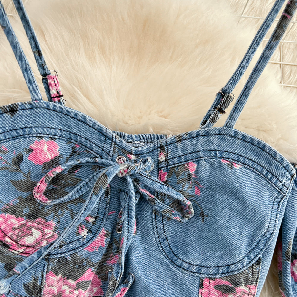 Denim fashion suit female hot girl chic suspender top two-piece  waist irregular slit skirt summer