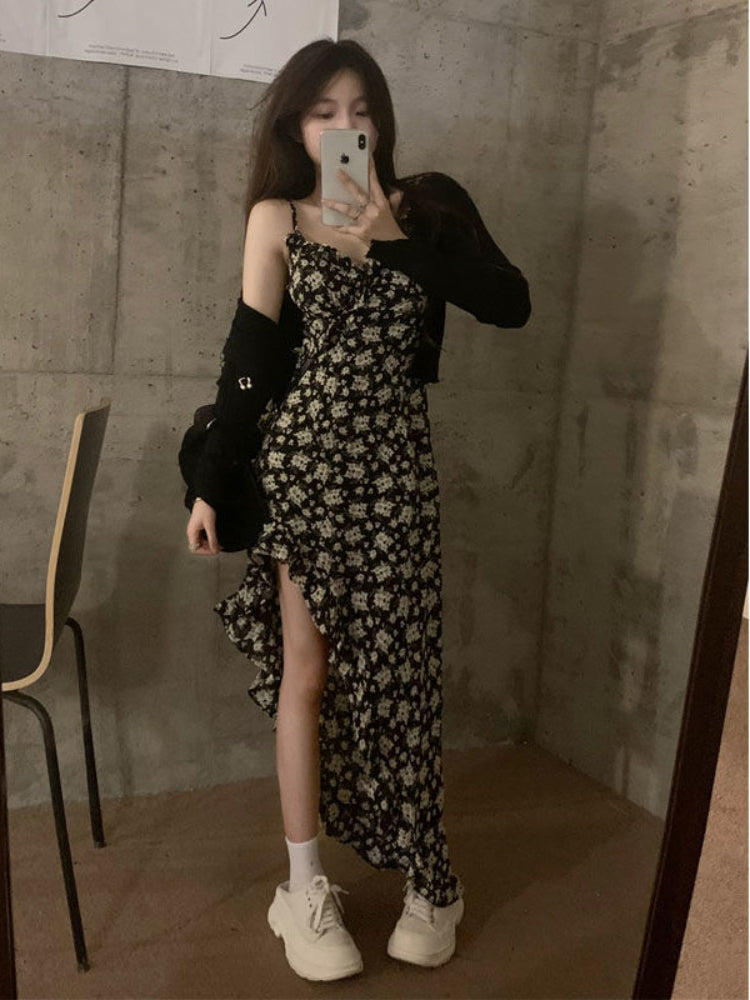 فستان نسائي بدون أكمام بفتحة جانبية مزهّرة فستان الشمس Bodycon ريترو غير منتظم فتاة المراعي حلو مثير ريترو هاراجوكو تصميم رائع 