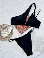 European and American style women's sexy bikini new ins style pure black solid color strapless navel chain hollowed out camisole briefs split swimsuit