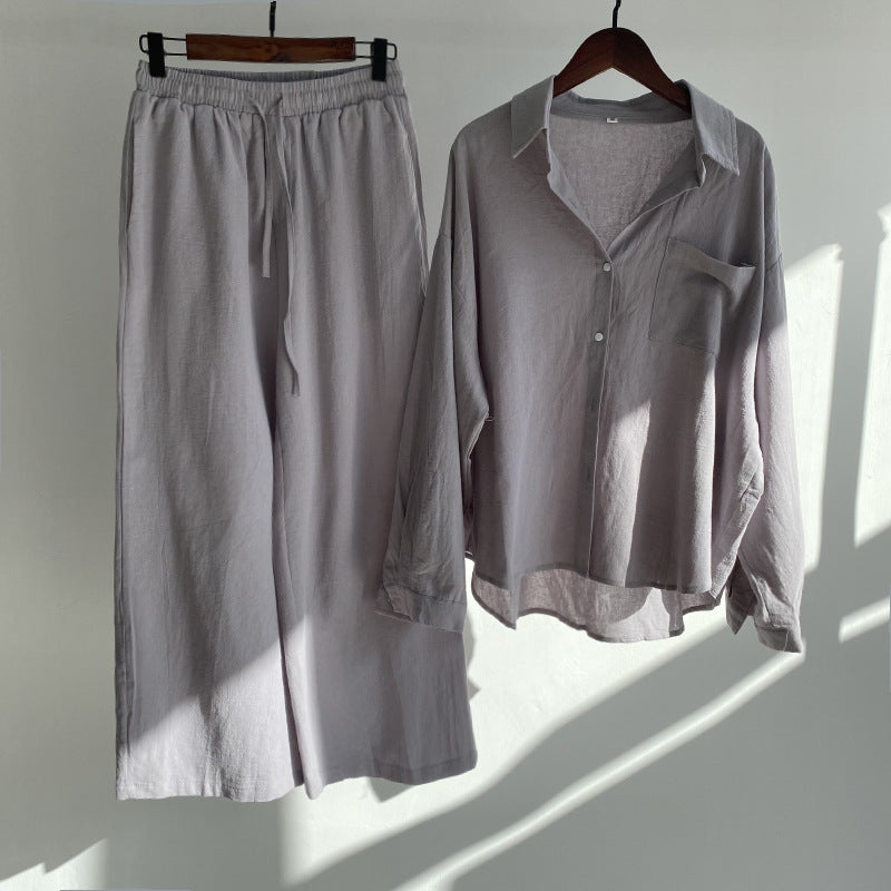 European and American cotton linen shirt high waist loose trousers suit