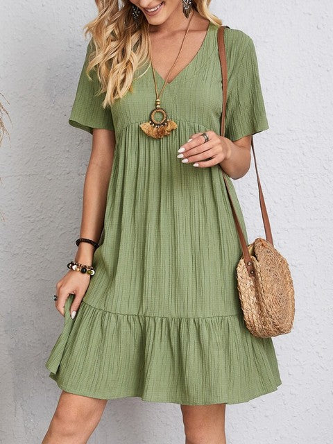 Women Vintage Mini Dresses 2023 Summer Solid Casual V Neck Ruffles Dress Ladies Boho Loose Beach Party Elegant Dresses Vestidos