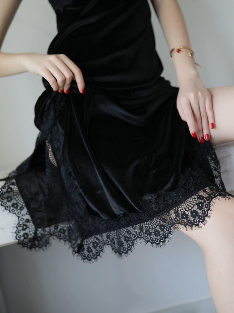 Women's Sexy Lingerie Lace Sling Long Dress Nightdress Deep V Cute Pajamas Sling Slit Nightgown