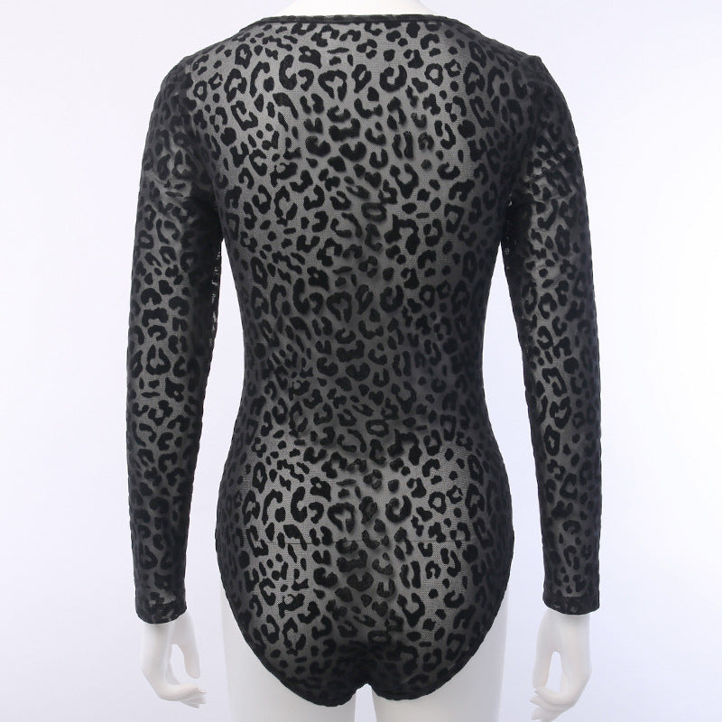 Polyester Spring Autumn Sexy Western style Leisure Leopard print High waist Body suit See-trough
