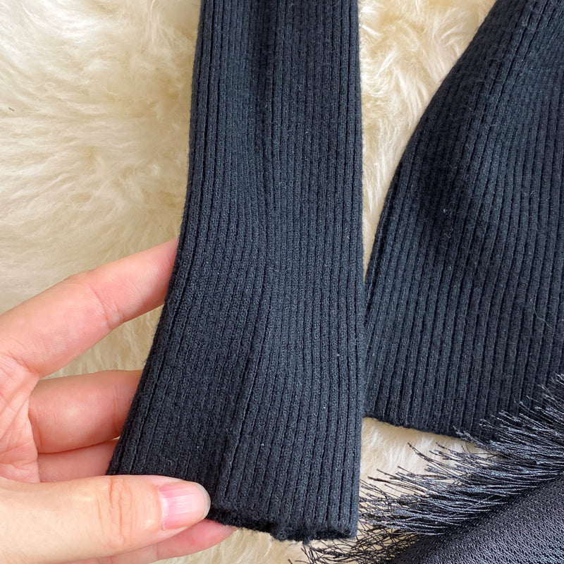 Autumn black stand-up collar tight  bottoming shirt two-piece suit  waisted splicing  fringe suspender dress