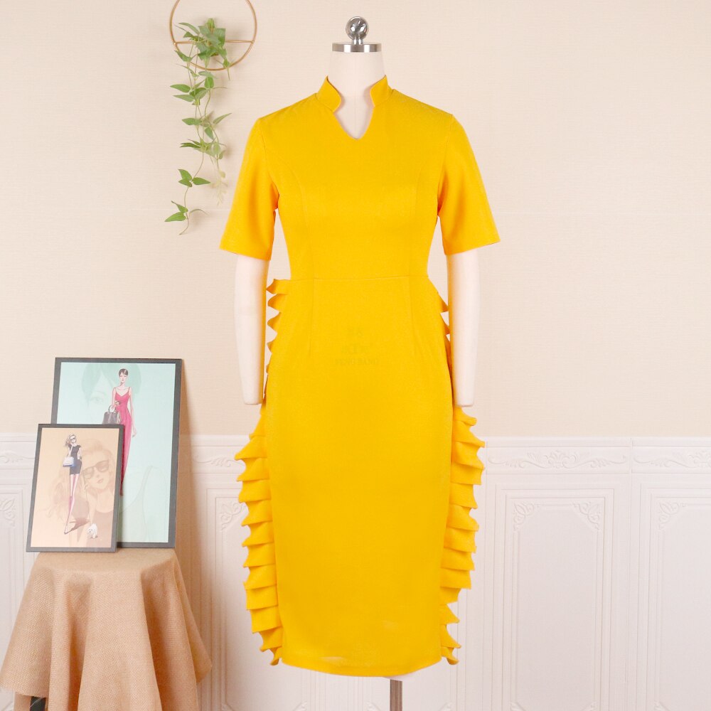 Women Bodycon Dress Short Sleeve High Waist V Neck Ruffles Office Lady Classy Work Wear Evening Party Robe Plus Size Summer New