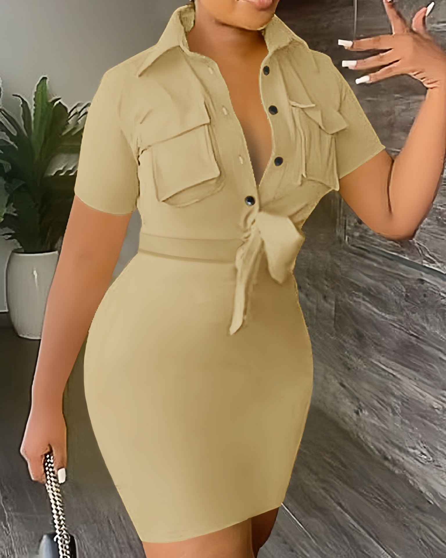 Women's Dress 2023 Summer Fashion Solid Color Lapel Short Sleeve Casual Pocket Design Tie Details Mini Shirt Bag Hip Dress