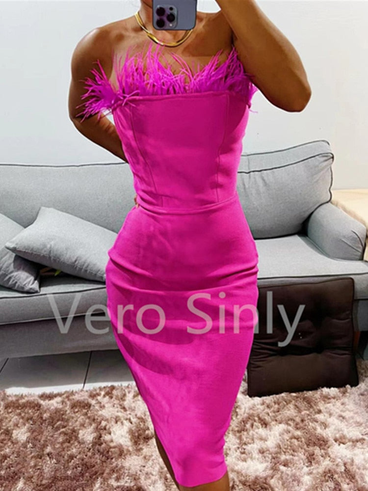 New Summer Sexy Strapless Backless Feather Black Midi Women Bodycon Bandage Dress 2022 Designer Fashion Party Club Dress