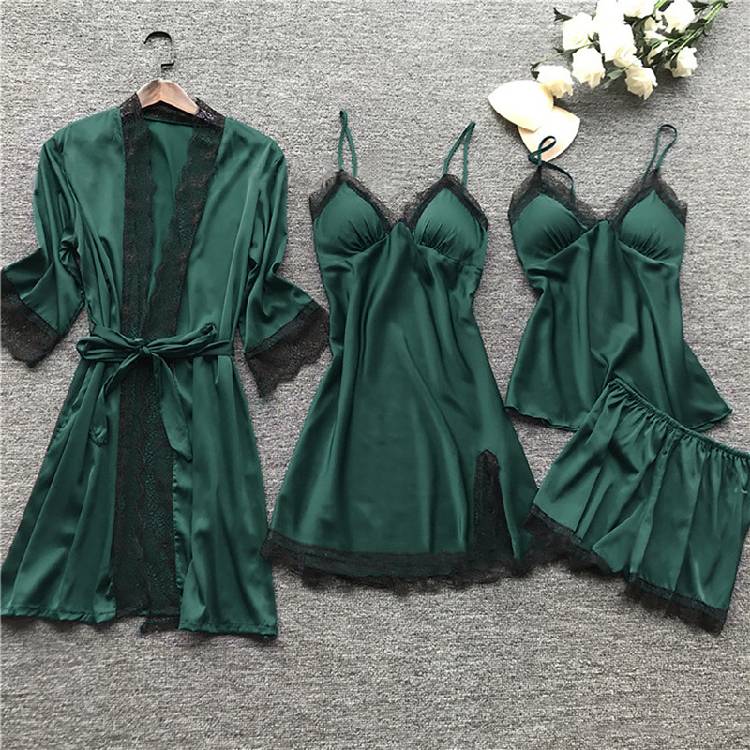4PC Silk Robe Sleep Suit Womens Lace Satin Pajamas Gown Set V Neck Cami Nighties Wear Pijama Home Nightwear Spring Nightdress
