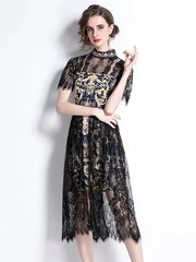 Women's Spring Summer Dress Stitching Print Short Sleeve Turtleneck Bodycon Dress