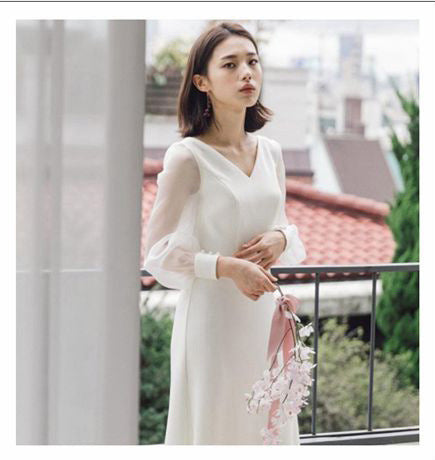 Hot selling new French light wedding dress super  simple white satin bride go out gauze V-neck long-sleeved  party daily dress women