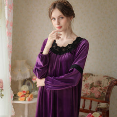 Women Winter Warm Night Dress Vintage Lace Round Neck Plus Size Nightgown Thicken Long Sleeve Thermal gold velvet pajamas court style dress Sleepwear