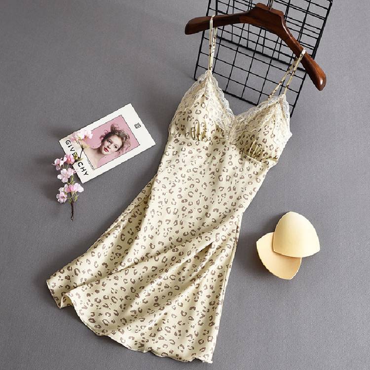 Lisacmvpnel Leopard Pattern Suspender Nightdress Women's Summer  Thin Silk With Bra Lace Nightgown