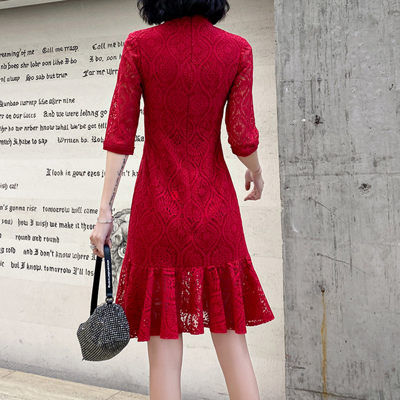 Ladies Short Mid Sleeve Lace Retro Cheongsam Dress LX269