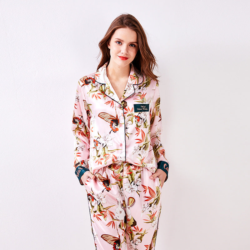 Spring and Autumn Silk Long Sleeve Pajamas Women Korean Casual Simulated Silk Pajamas Two-piece Set Thin Homewear Set