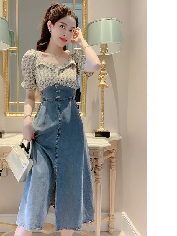 Square collar denim stitching long skirt 2023 summer new slim bow skirt women's clothing Korean elegant dress 4*10