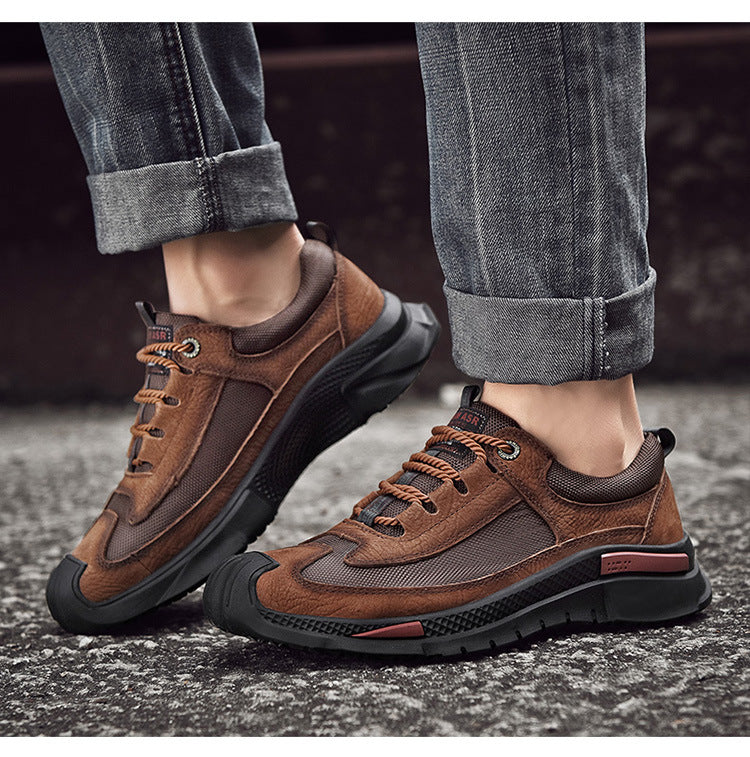 Men's shoes spring and summer men's leather outdoor sports casual shoes all-match leather toe top layer cowhide soft bottom hiking shoes