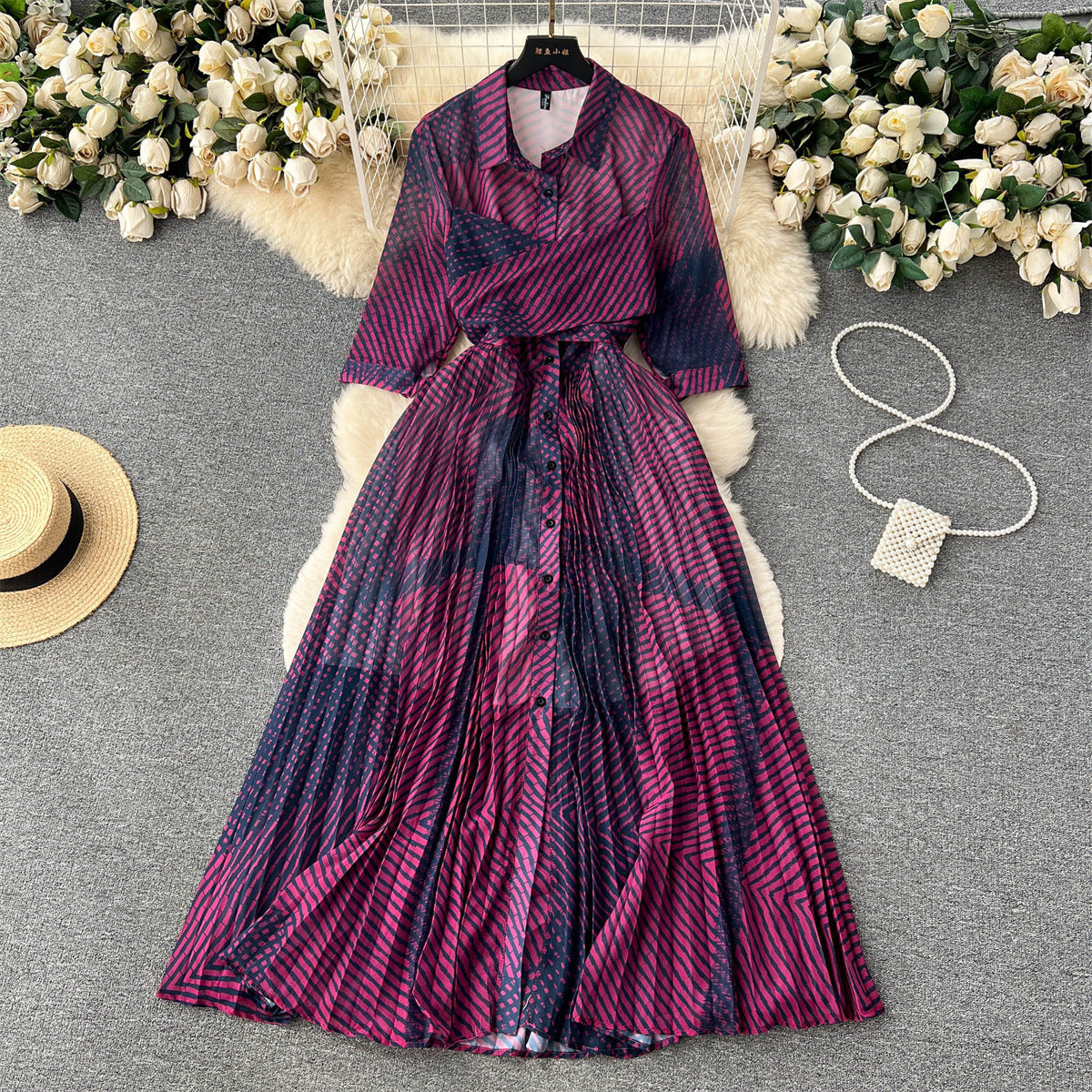 French style high-end five-quarter-sleeve printed color-blocking shirt dress female niche waist slimming temperament pleated long skirt