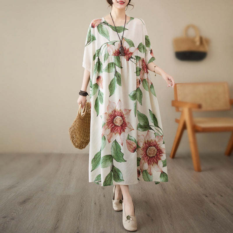 Middle-aged fat mother shows thin dress 150 jin 180 jin fat mm large size women's retro floral temperament long skirt