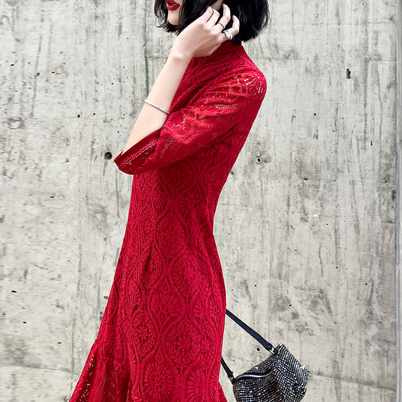 Ladies Short Mid Sleeve Lace Retro Cheongsam Dress LX269