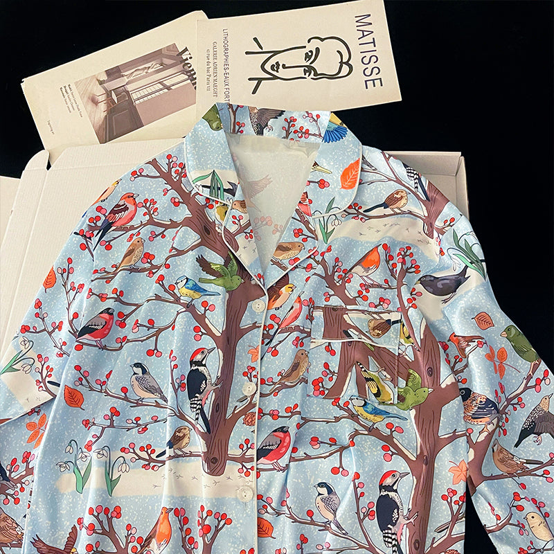 Women's autumn spring full of pastoral style ice and snow silk pajamas long-sleeved silky home clothing set