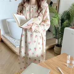 Cute Long Sleeve Nightgowns Women Sleepshirts Ruffle Tender Strawberry Print A-line Nightdress Girls Midi Autumn Sweet Sleepwear