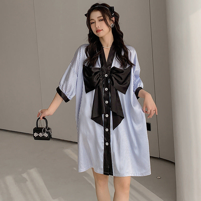 Ice Silk Silk Pajamas Ladies Summer Playful Cute Big Bow Cardigan  Large Nightdress