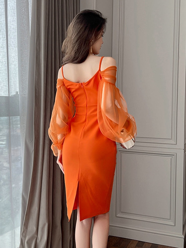 Chic Mesh Elegant Women Evening Dress Perspective Strap V-Neck Puff Sleeve Bodycon Slit Midi Robe Femme Vestidos Sexy Mujer Gown
