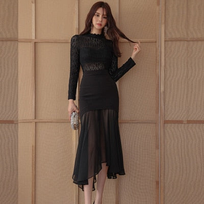 Fashion Women Vintage Sexy Lace Perspective Midi Party Club Dress Elegant Coffee Break Robe Black Skinny Bodycon Female Dress