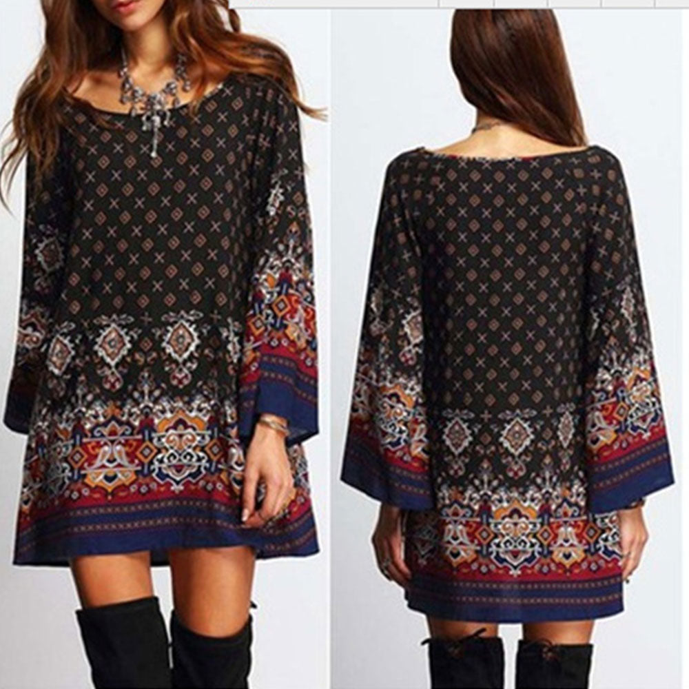 فستان شيفون عرقي عتيق فستان فضفاض مطبوع هندسي غير رسمي للسيدات صيفي بوهو لقضاء العطلات على الشاطئ تنورة قصيرة 3h22