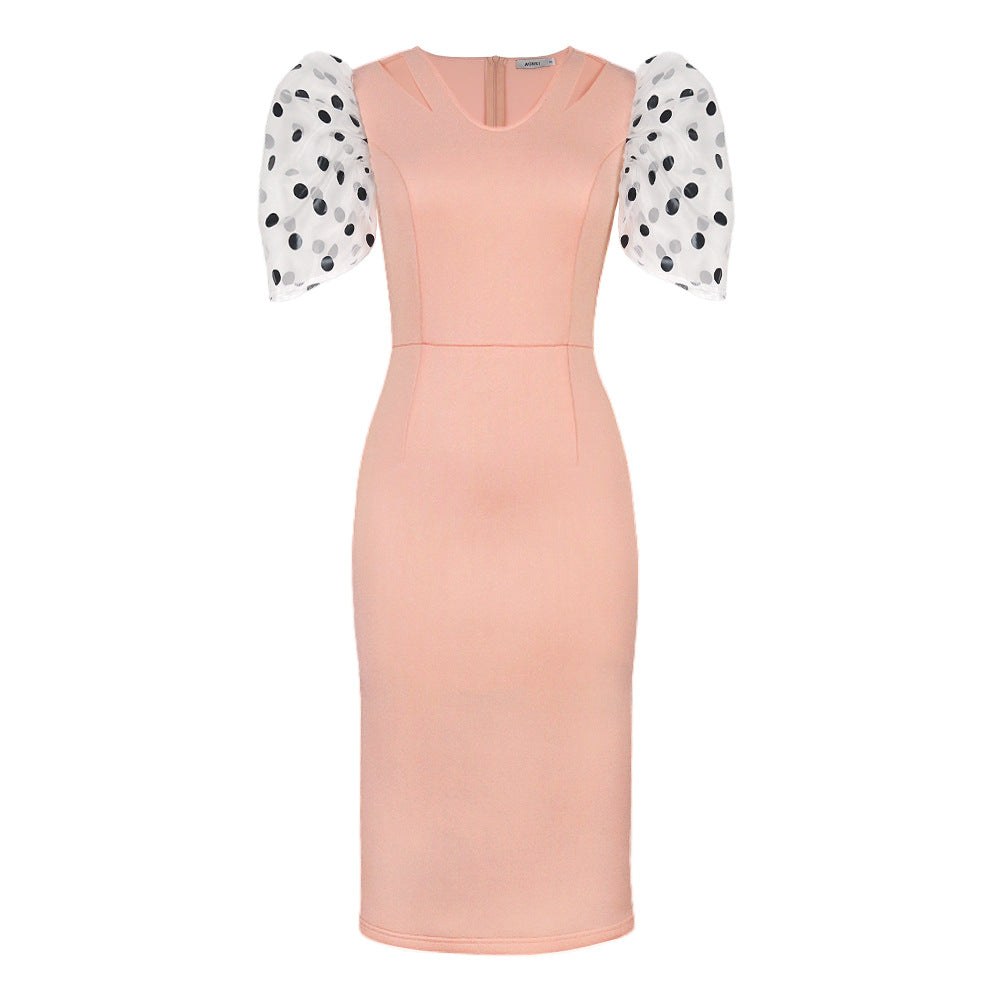 Summer cool polka dot tulle sleeve V neck pink lady dress bodycon dress women