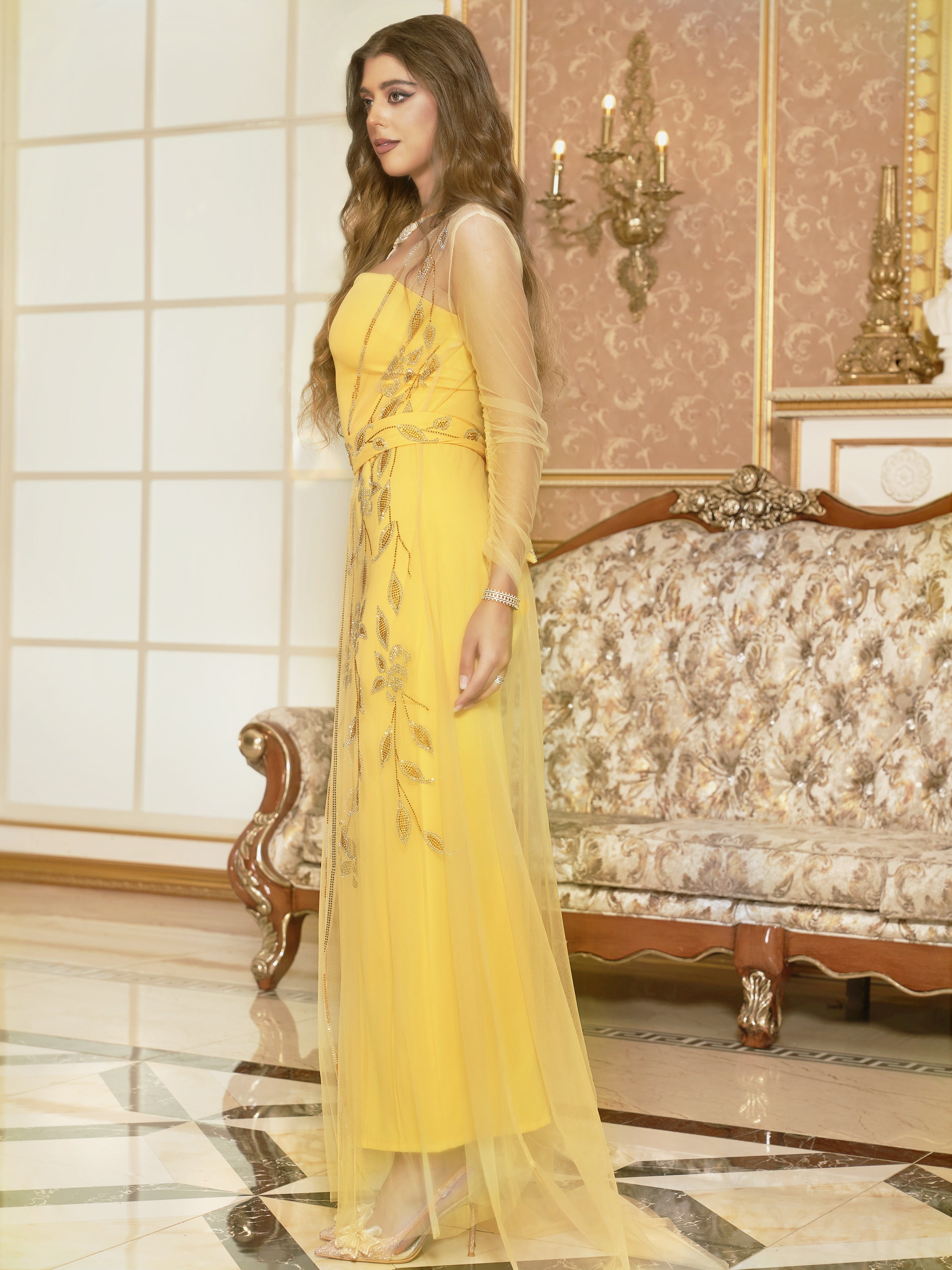 Yellow hot diamond mesh suit dress skirt