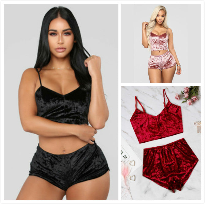 Sexy women's pajamas suspenders short skirt velvet home service underwear set