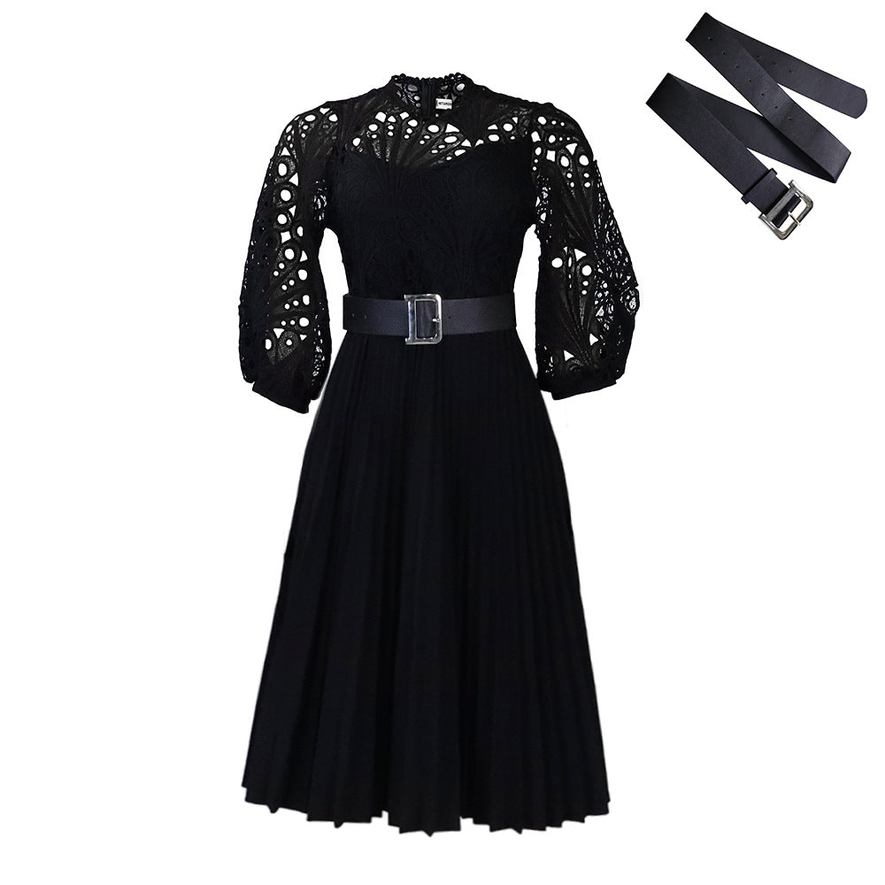 Large size lace crochet sexy  pleated European and American dress dress (with belt)