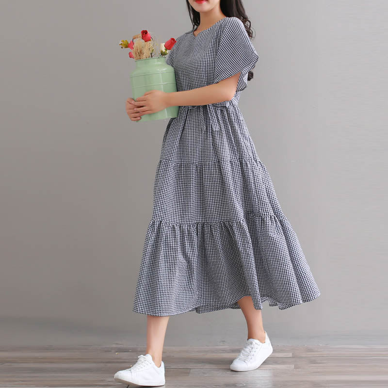 ZANZEA women's round neck short-sleeved plaid cotton and linen stitching cake skirt dress with belt