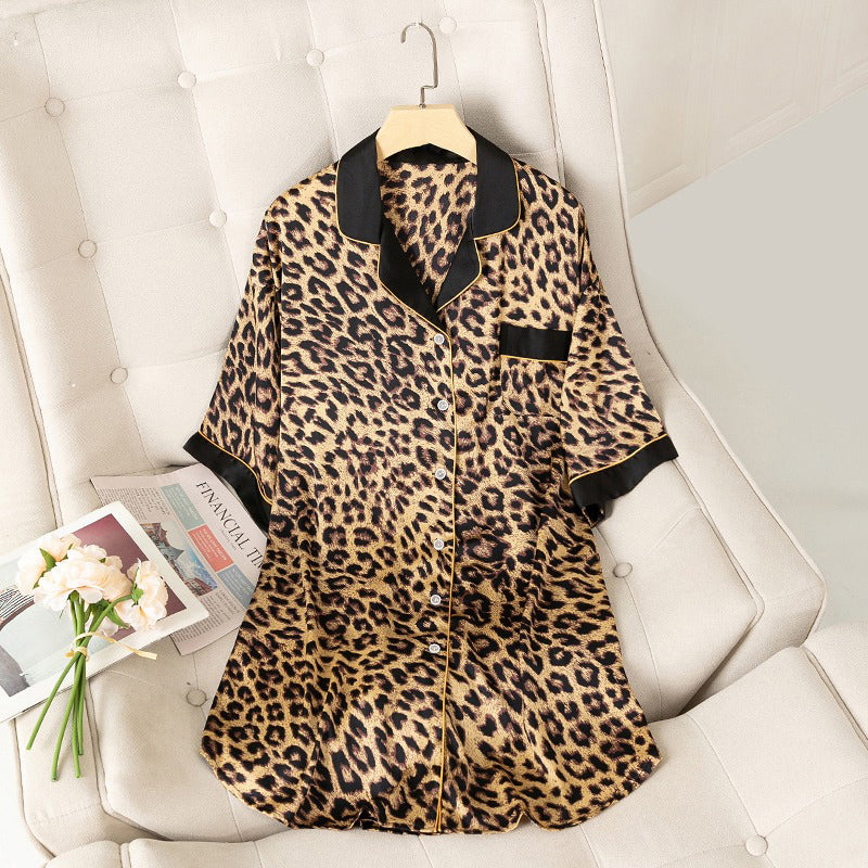 Women's Sexy Leopard Print Pajamas Shirt Collar Short Sleeve Homewear Simulated Silk Nightdress