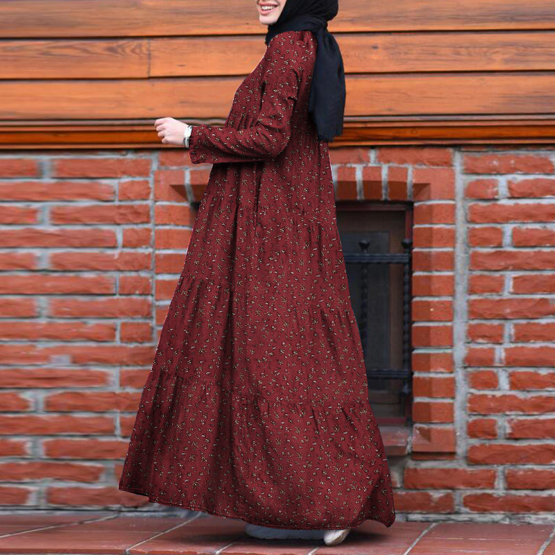 ZANZEA Women's Muslim Arabian Floral Printed Dress Simple Temperament Round Neck Long Sleeve Back  Side Pockets  Casual Dress Large Size Without Headscarf