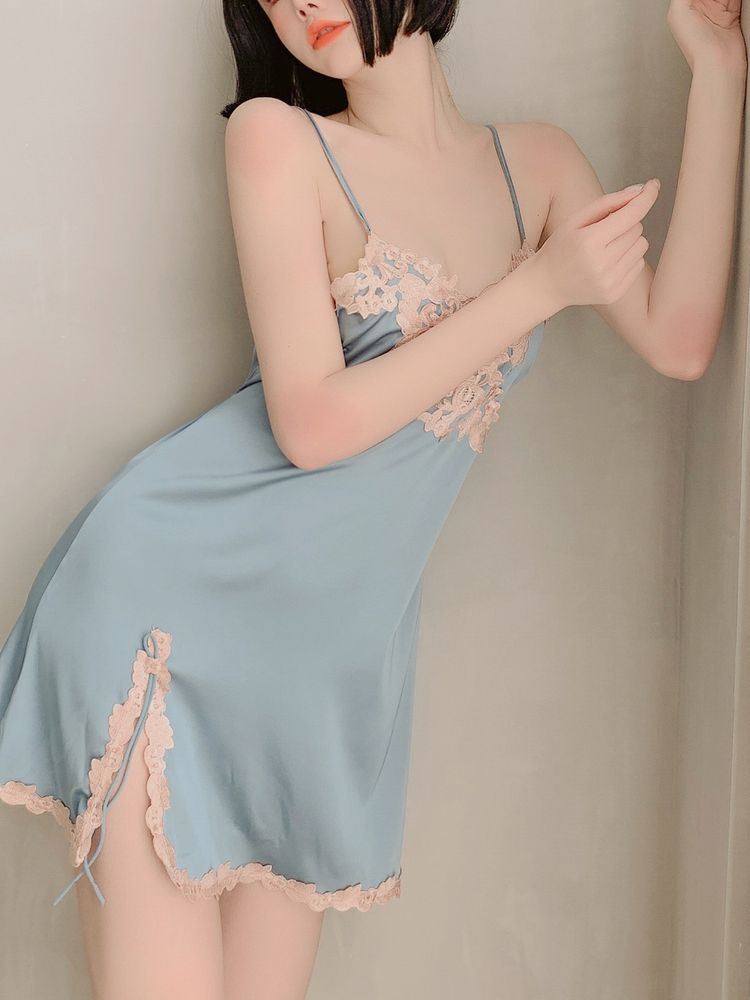 Women's suspender nightdress deep v cute home split short skirt lace sexy pajamas women