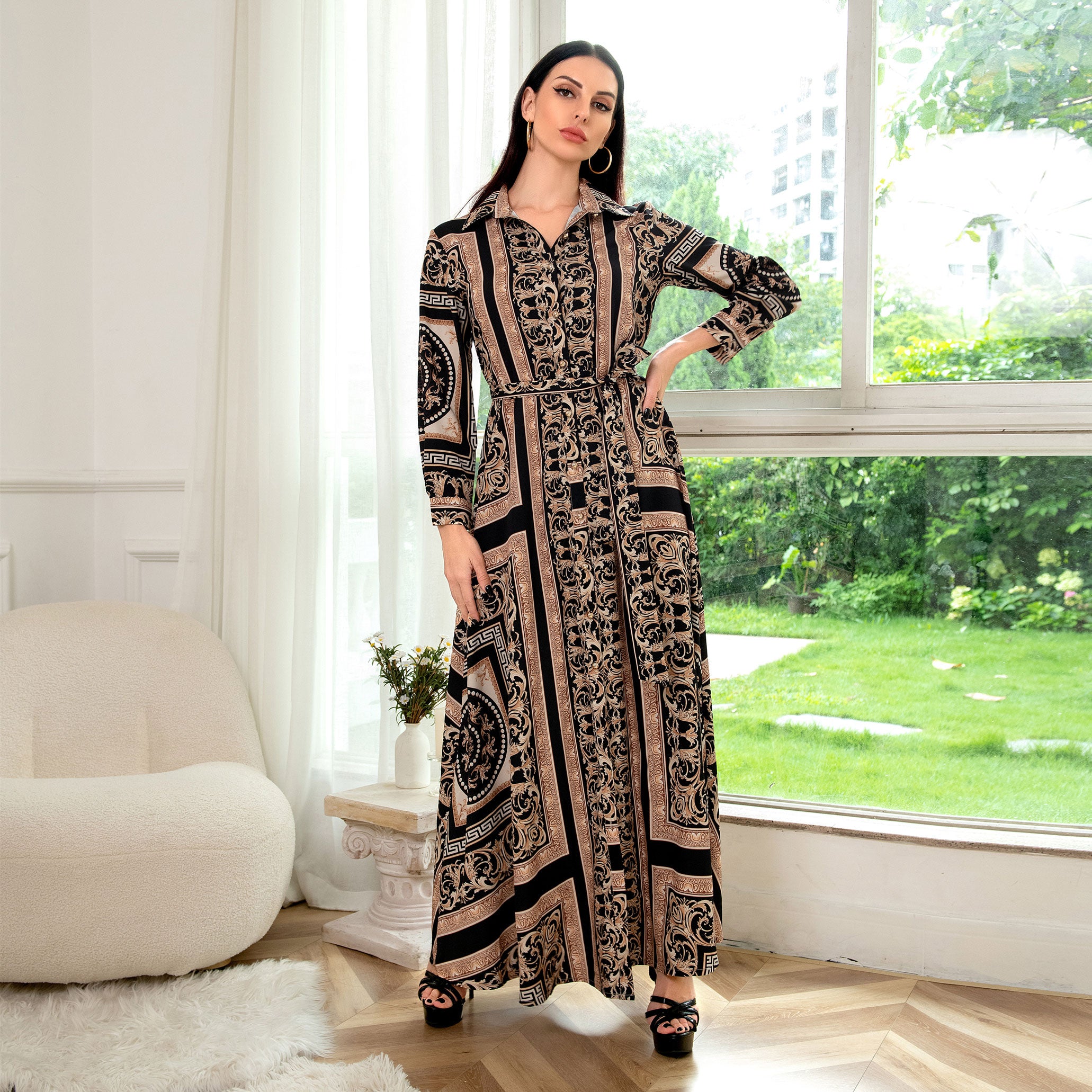 Southeast Asian Ethnic Print Shirt Dress for Women Autumn 2021 Middle East European and American Arabic Oman Muslim Clothing New